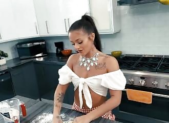 Slutty Latin maid gets eaten in the kitchen